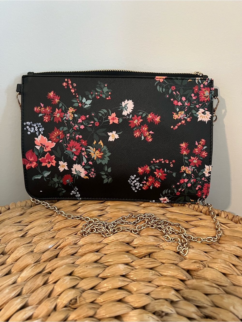 LOFT Black Floral Crossbody Bag with Gold Chain Strap